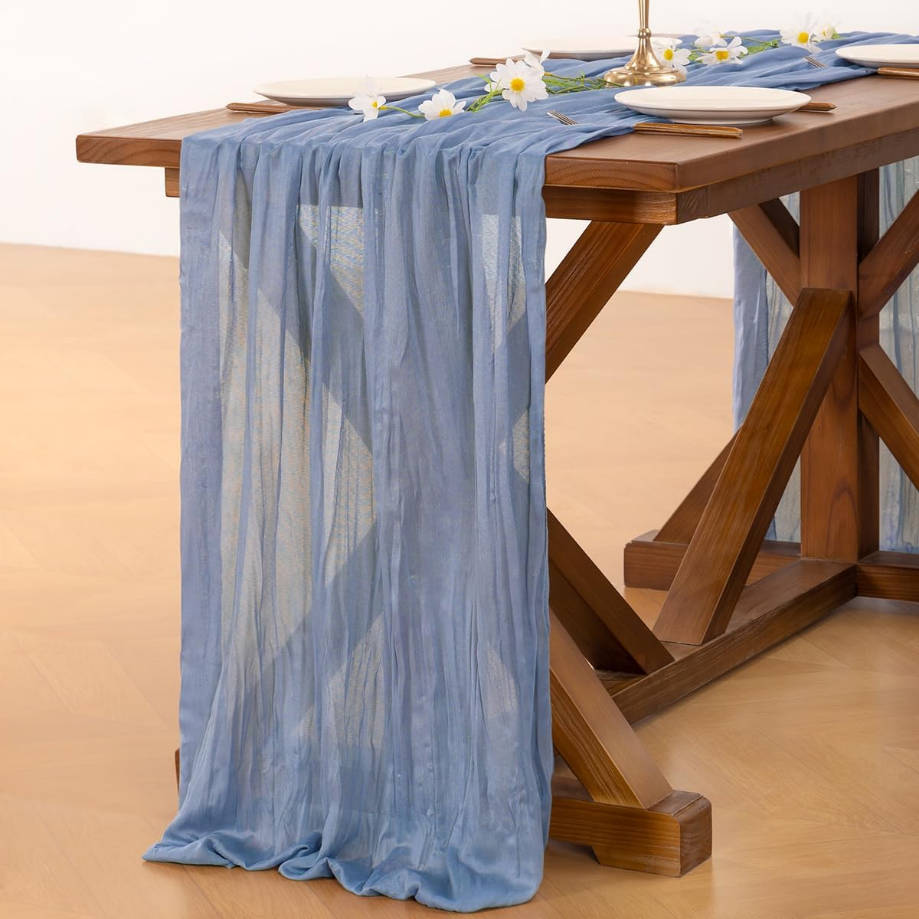 Dusty Blue Summer Cheesecloth Table Runner Boho Rustic Gauze 120 inch 10FT Cheese Cloth Runner for Wedding Party Baby Shower Birthday Home Decor Holiday