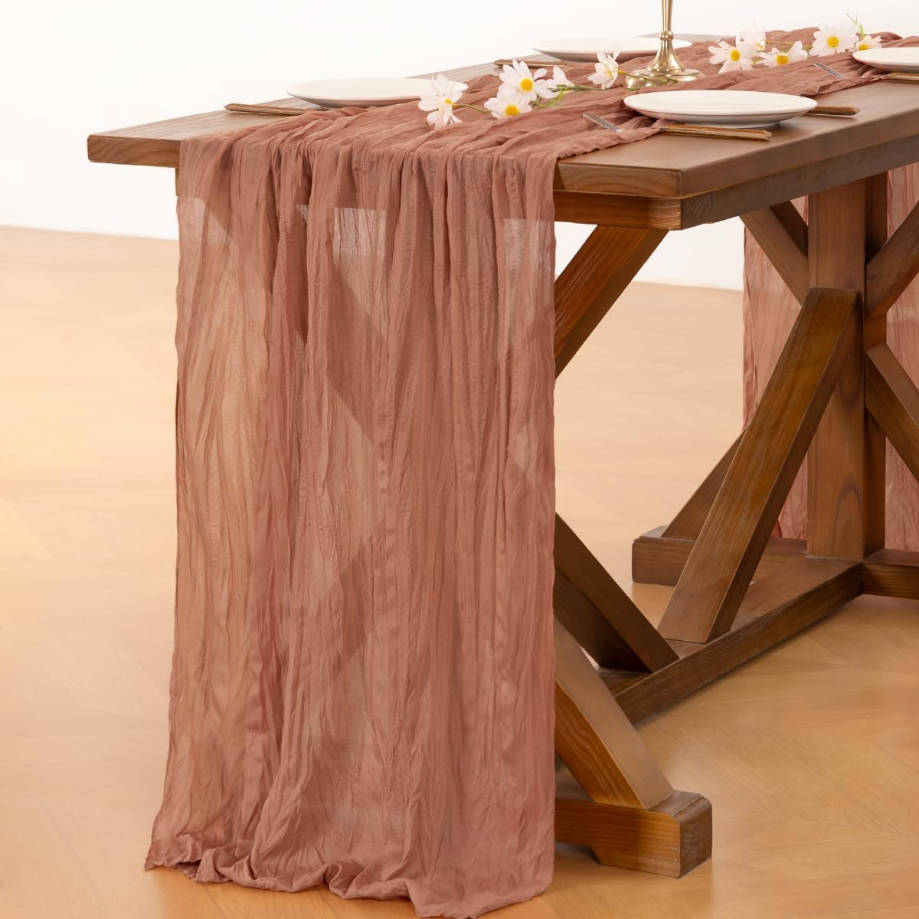 Dusty Rose Summer Cheesecloth Table Runner Boho Rustic Gauze 120 inch 10FT Cheese Cloth Runner for Wedding Party Baby Shower Birthday Home Decor Holiday Decorations