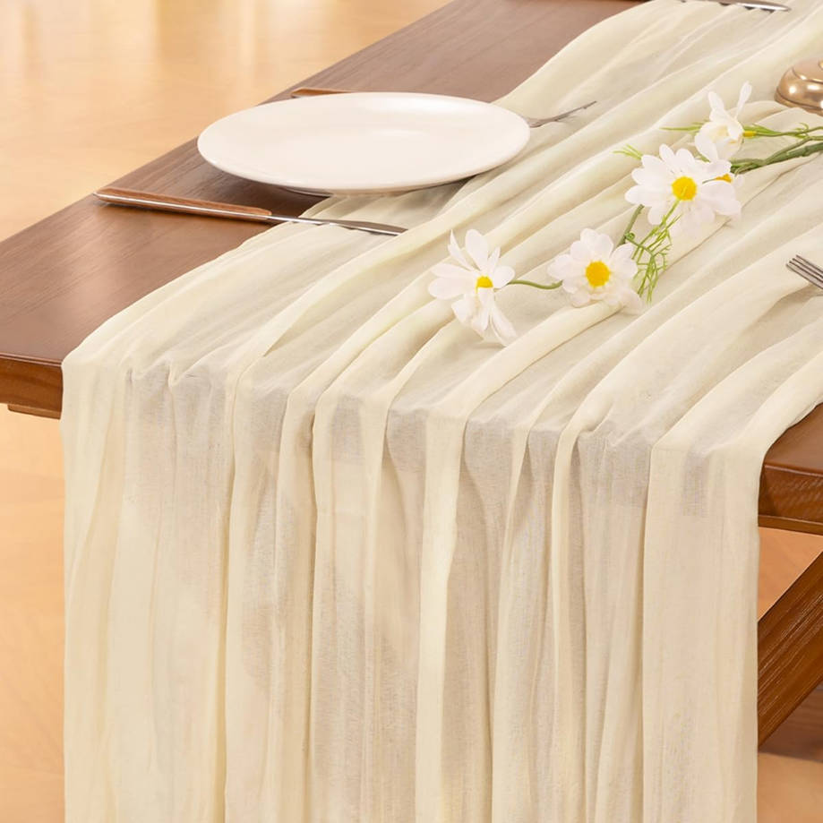 Beige Summer Cheesecloth Table Runner Boho Rustic Gauze 120 inch 10FT Cheese Cloth Runner for Wedding Party Baby Shower Birthday Home Decor Holiday Decorations