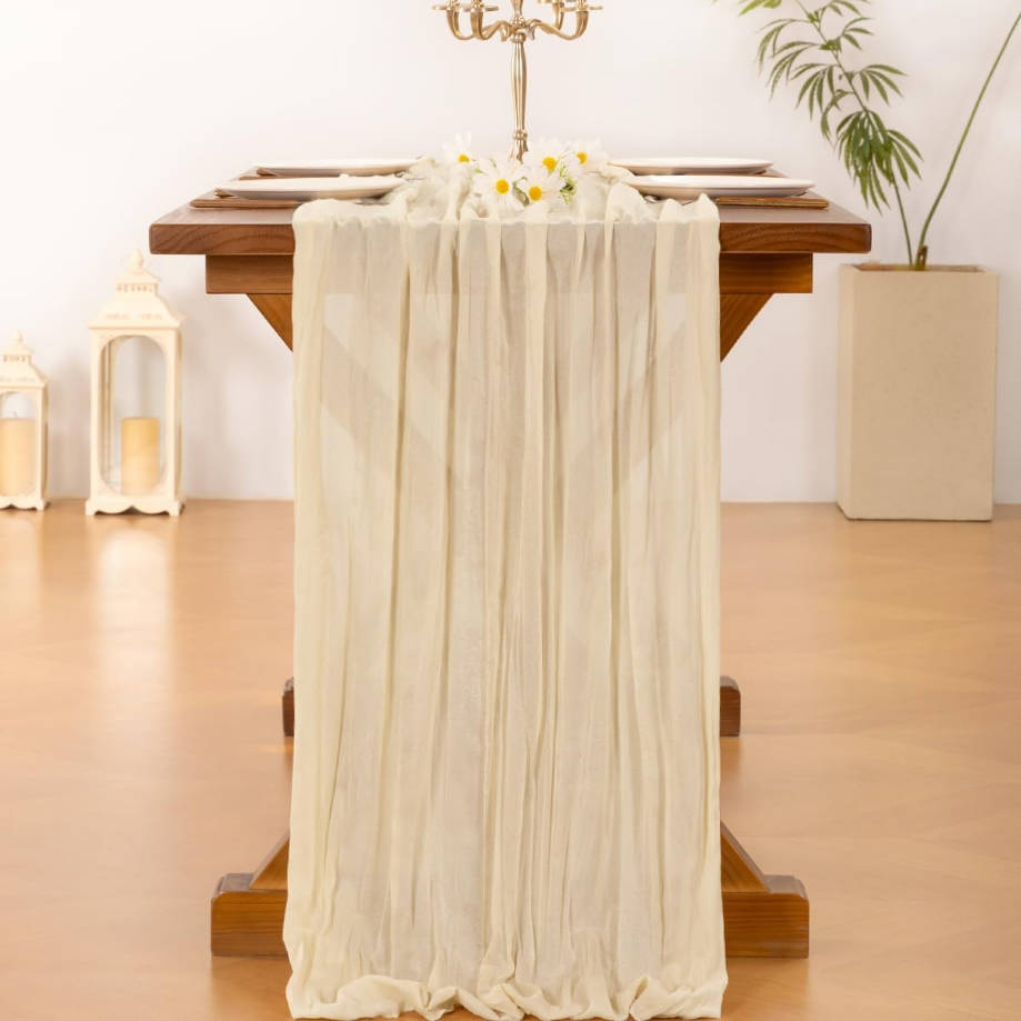 Beige Summer Cheesecloth Table Runner Boho Rustic Gauze 120 inch 10FT Cheese Cloth Runner for Wedding Party Baby Shower Birthday Home Decor Holiday Decorations