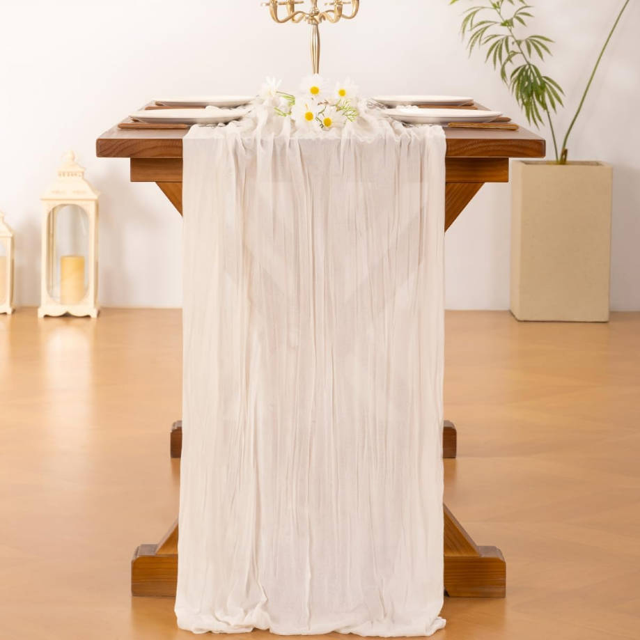  Ivory White Cheesecloth Table Runner Summer Boho Rustic Gauze 120 inch 10FT Cheese Cloth Runner for Wedding Party Baby Shower Birthday Home Decor Holiday Decorations