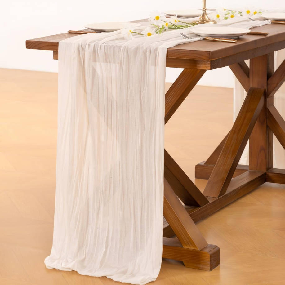  Ivory White Cheesecloth Table Runner Summer Boho Rustic Gauze 120 inch 10FT Cheese Cloth Runner for Wedding Party Baby Shower Birthday Home Decor Holiday Decorations