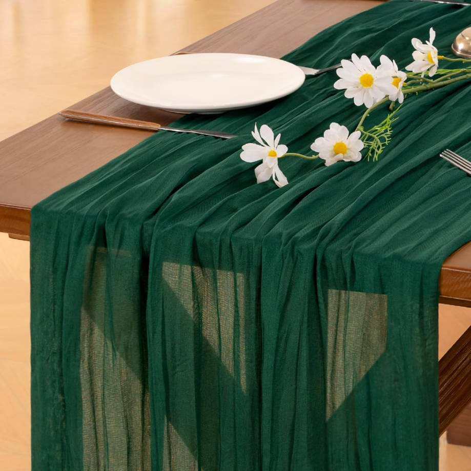 Emerald Green Cheesecloth Table Runner Summer Boho Rustic Gauze 120 inch 10FT Cheese Cloth Runner for Wedding Party Baby Shower Birthday Home Decor Holiday Decorations