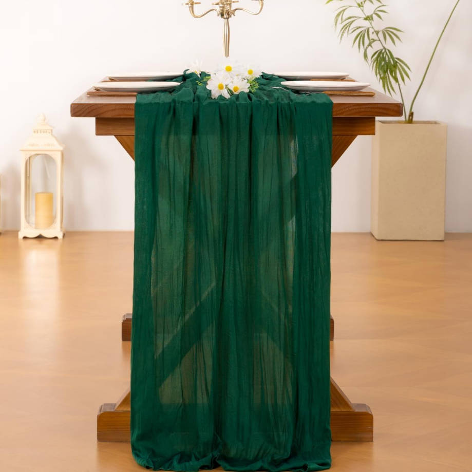 Emerald Green Cheesecloth Table Runner Summer Boho Rustic Gauze 120 inch 10FT Cheese Cloth Runner for Wedding Party Baby Shower Birthday Home Decor Holiday Decorations