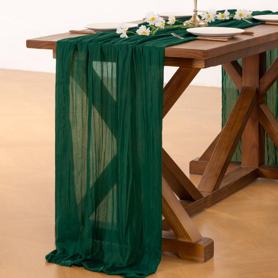 Emerald Green Cheesecloth Table Runner Summer Boho Rustic Gauze 120 inch 10FT Cheese Cloth Runner for Wedding Party Baby Shower Birthday Home Decor Holiday Decorations