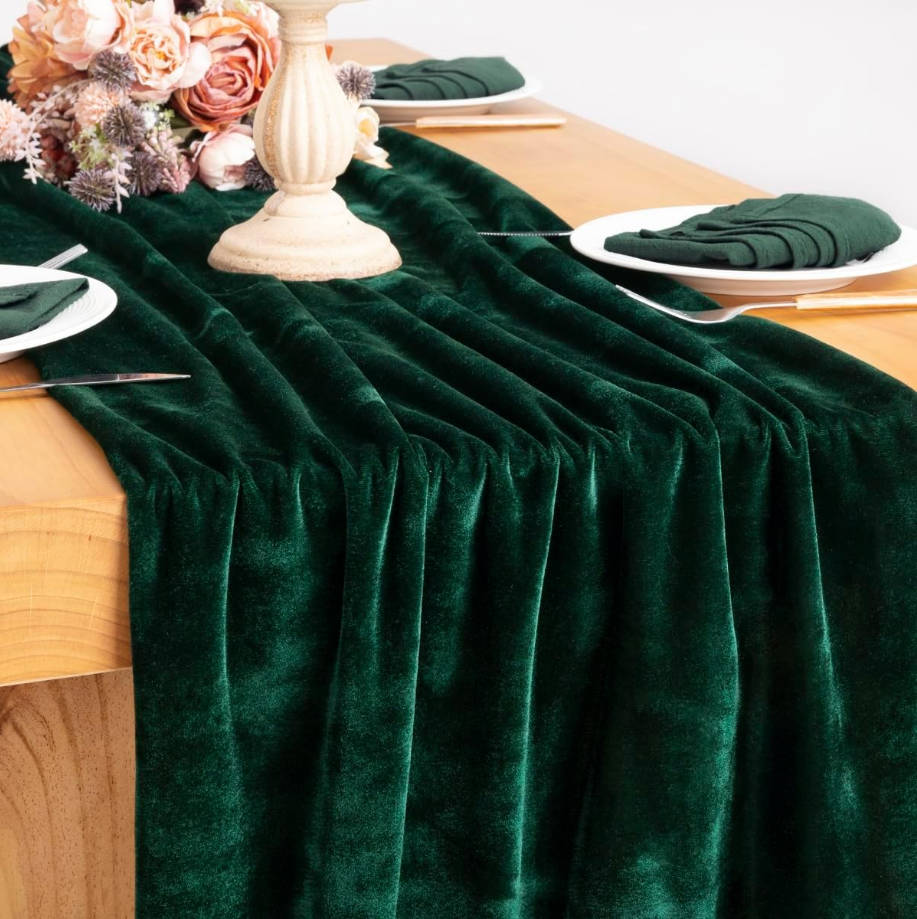 4pcs Green Velvet Table Runner 20 x 120 Inches 10ft Table Cloth Fabric Emerald Green Luxurious Cotton Thanksgiving Christmas Wedding Runner for New Year Bridal Shower