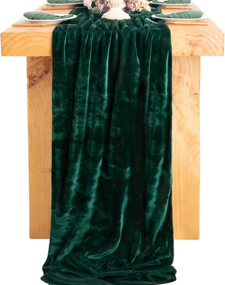 4pcs Green Velvet Table Runner 20 x 120 Inches 10ft Table Cloth Fabric Emerald Green Luxurious Cotton Thanksgiving Christmas Wedding Runner for New Year Bridal Shower
