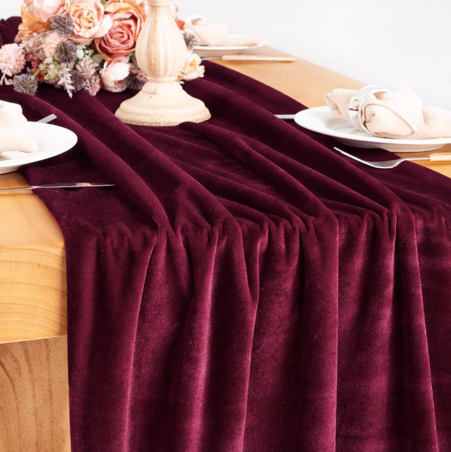 Burgundy Red Velvet Table Runner 20 x 120 Inches 10ft Table Cloth Fabric Luxurious Cotton Thanksgiving Christmas Wedding Runner for New Year Bridal Shower