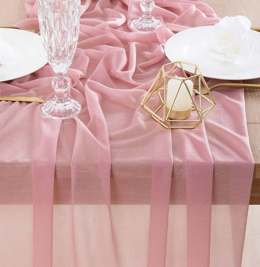 4pcs Dusty Rose Gauze Table Runner Bulk 10ft Chiffon Like Wedding Table Runner for Bridal Shower Decorations Baby Shower