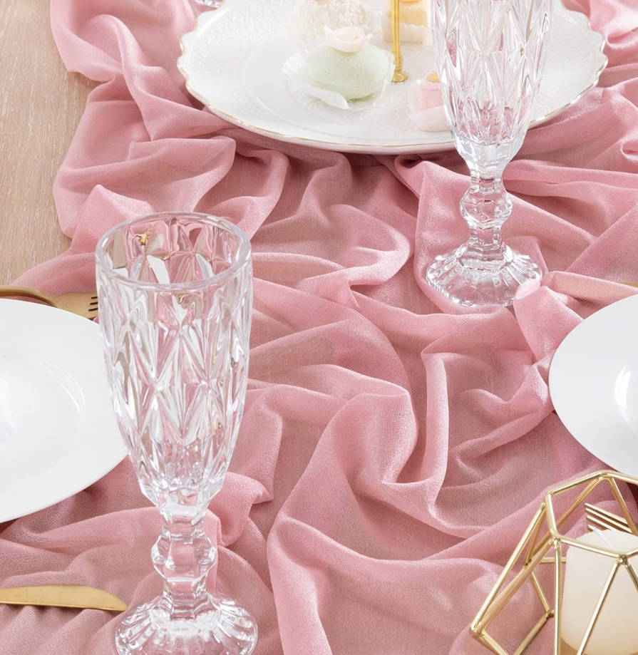 4pcs Dusty Rose Gauze Table Runner Bulk 10ft Chiffon Like Wedding Table Runner for Bridal Shower Decorations Baby Shower