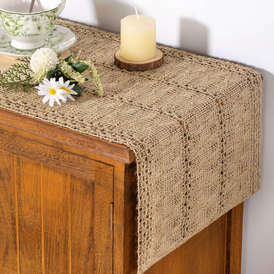 Boho Table Runner Summer Farmhouse Burlap Jute Bamboo Rustic Dining Kitchen Centerpiece Decor Small Macrame Woven Coffee Table Runner for Dresser Scarf Home Decor 12x60 inch