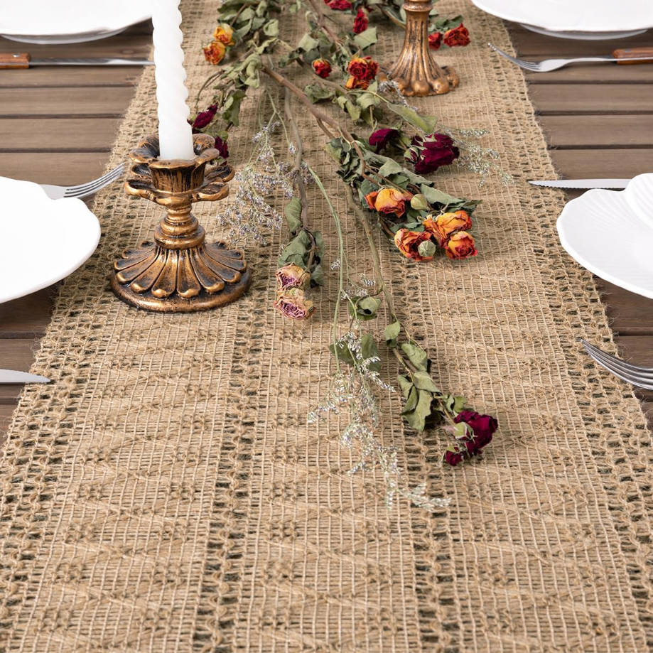 Boho Table Runner Summer Farmhouse Burlap Jute Bamboo Rustic Dining Kitchen Centerpiece Decor Small Macrame Woven Coffee Table Runner for Dresser Scarf Home Decor 12x60 inch