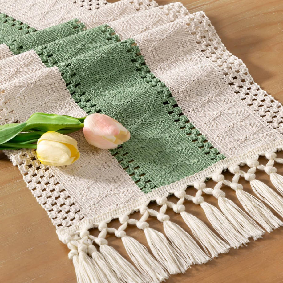 Boho Table Runner Summer Farmhouse Rustic Dining Kitchen Centerpiece Decor Small Macrame Woven Cotton Linen Coffee Table Runner for Dresser Scarf Home Decor 12x36 inch Sage Green Ivory