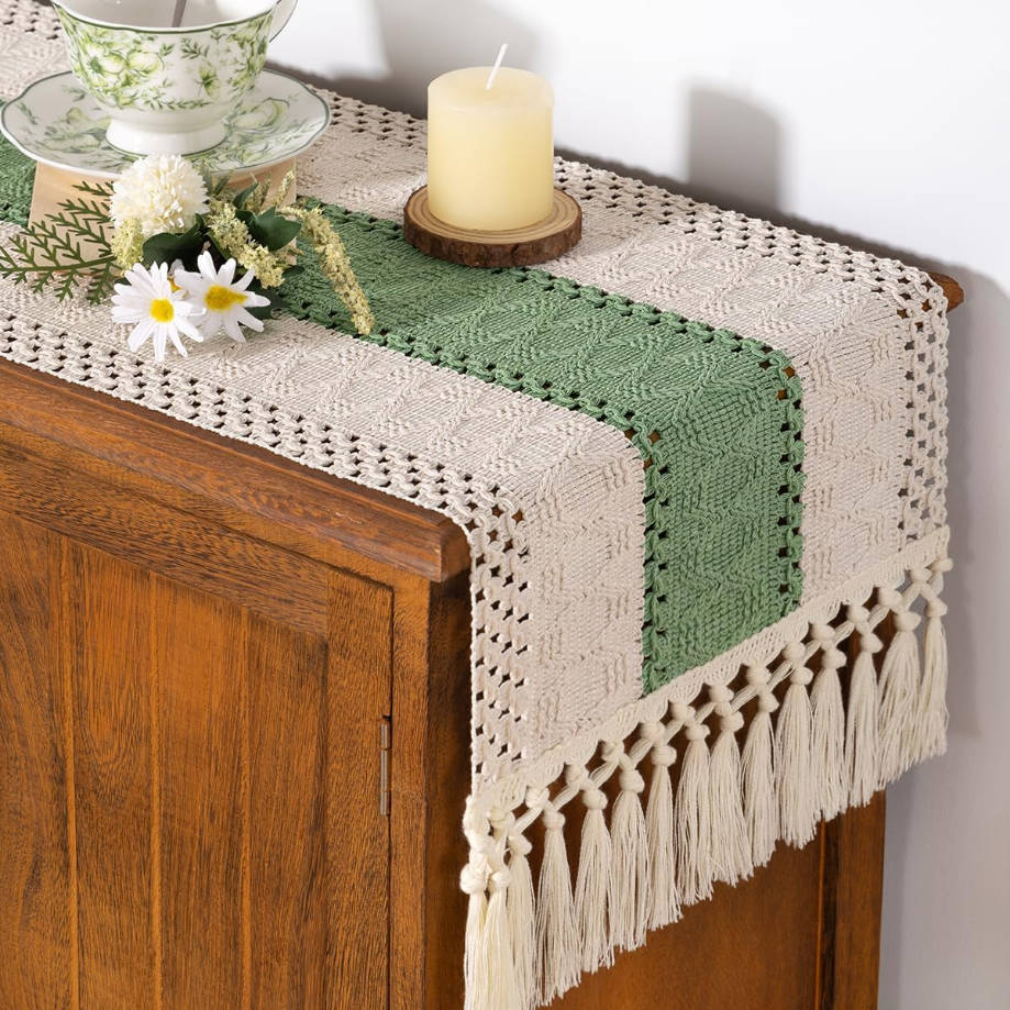 Boho Table Runner Summer Farmhouse Rustic Dining Kitchen Centerpiece Decor Small Macrame Woven Cotton Linen Coffee Table Runner for Dresser Scarf Home Decor 12x36 inch Sage Green Ivory