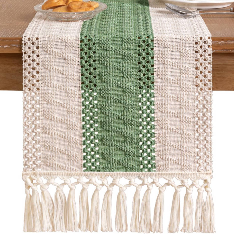 Boho Table Runner Summer Farmhouse Rustic Dining Kitchen Centerpiece Decor Small Macrame Woven Cotton Linen Coffee Table Runner for Dresser Scarf Home Decor 12x36 inch Sage Green Ivory