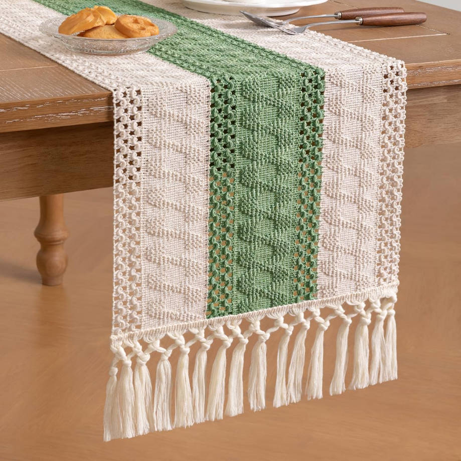 Boho Table Runner Summer Farmhouse Rustic Dining Kitchen Centerpiece Decor Small Macrame Woven Cotton Linen Coffee Table Runner for Dresser Scarf Home Decor 12x36 inch Sage Green Ivory