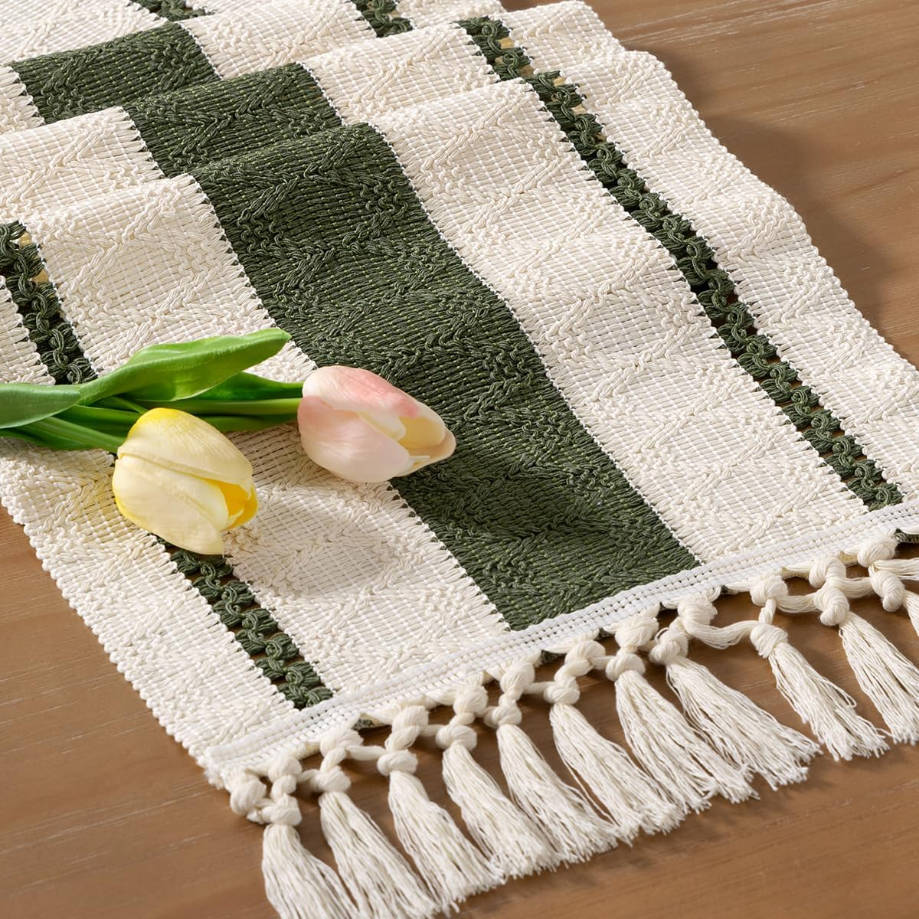 Boho Table Runner Summer Farmhouse Rustic Dining Kitchen Centerpiece Decor Small Macrame Woven Cotton Linen Coffee Table Runner for Dresser Scarf Home Decor 12x60 inch Olive Green