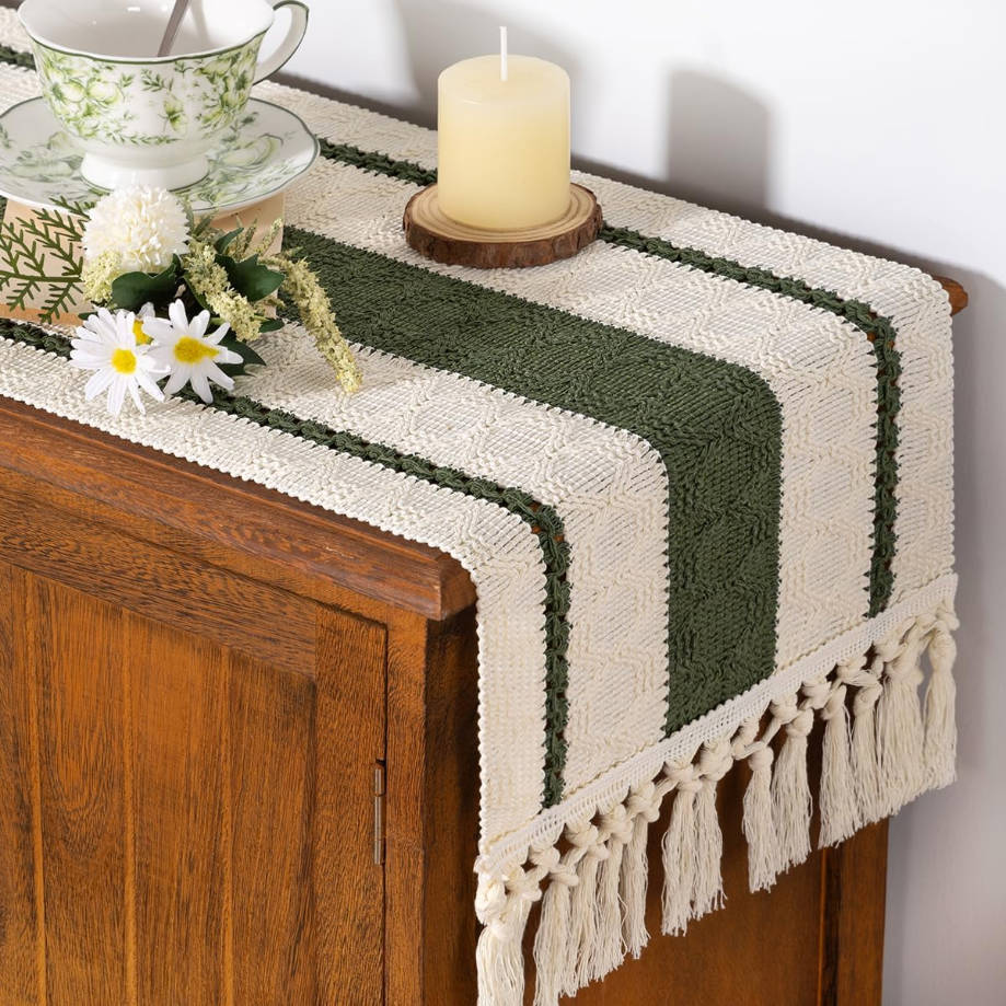 Boho Table Runner Summer Farmhouse Rustic Dining Kitchen Centerpiece Decor Small Macrame Woven Cotton Linen Coffee Table Runner for Dresser Scarf Home Decor 12x60 inch Olive Green