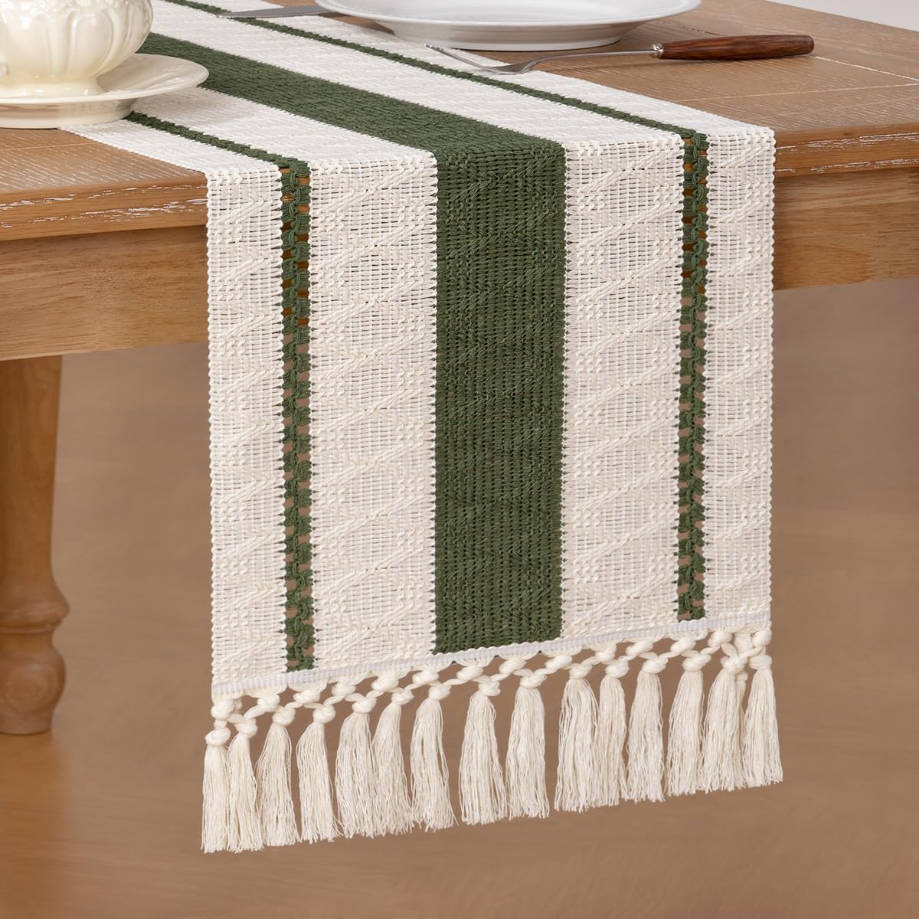 Boho Table Runner Summer Farmhouse Rustic Dining Kitchen Centerpiece Decor Small Macrame Woven Cotton Linen Coffee Table Runner for Dresser Scarf Home Decor 12x60 inch Olive Green