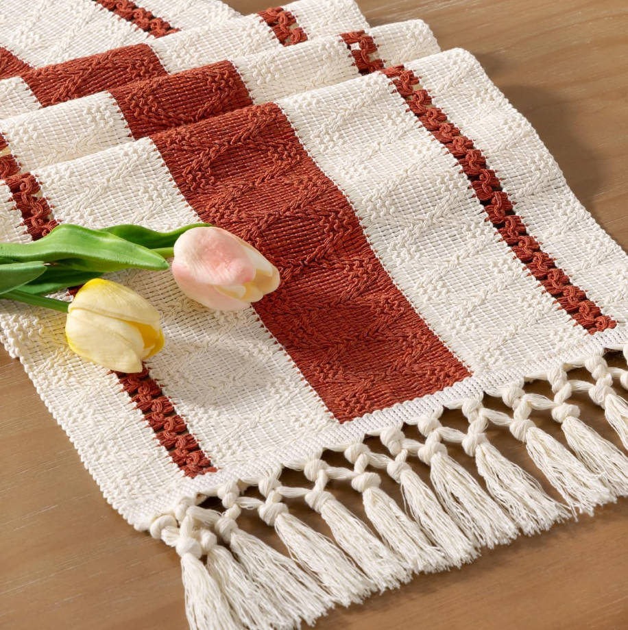 Boho Table Runner Summer Farmhouse Rustic Dining Kitchen Centerpiece Decor Small Macrame Woven Cotton Linen Coffee Table Runner for Dresser Scarf Home Decor 12x36 inch Terracotta Ivory