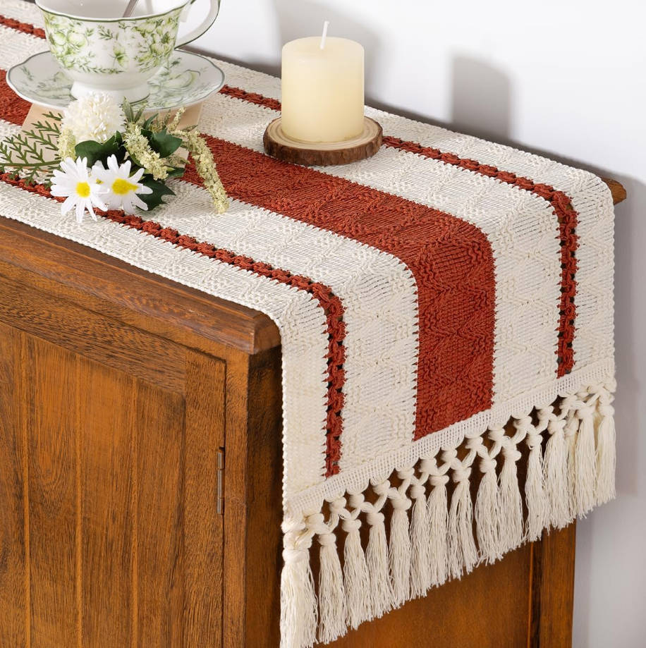 Boho Table Runner Summer Farmhouse Rustic Dining Kitchen Centerpiece Decor Small Macrame Woven Cotton Linen Coffee Table Runner for Dresser Scarf Home Decor 12x36 inch Terracotta Ivory