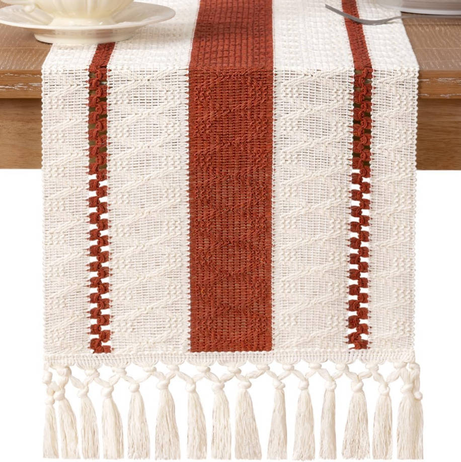 Boho Table Runner Summer Farmhouse Rustic Dining Kitchen Centerpiece Decor Small Macrame Woven Cotton Linen Coffee Table Runner for Dresser Scarf Home Decor 12x36 inch Terracotta Ivory