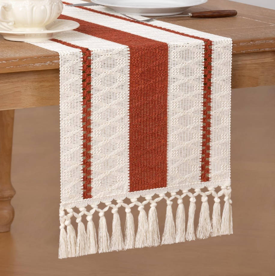 Boho Table Runner Summer Farmhouse Rustic Dining Kitchen Centerpiece Decor Small Macrame Woven Cotton Linen Coffee Table Runner for Dresser Scarf Home Decor 12x36 inch Terracotta Ivory