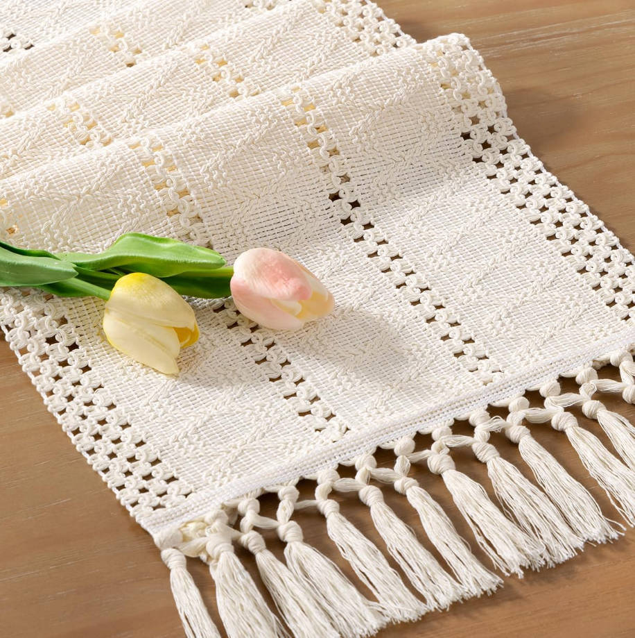 Boho Table Runner Summer Farmhouse Rustic Dining Kitchen Centerpiece Decor Small Macrame Woven Cotton Linen Coffee Table Runner for Dresser Scarf Home Decor 12x36 inch Cream Ivory