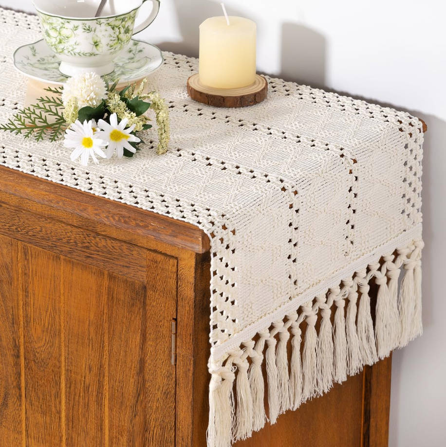Boho Table Runner Summer Farmhouse Rustic Dining Kitchen Centerpiece Decor Small Macrame Woven Cotton Linen Coffee Table Runner for Dresser Scarf Home Decor 12x36 inch Cream Ivory