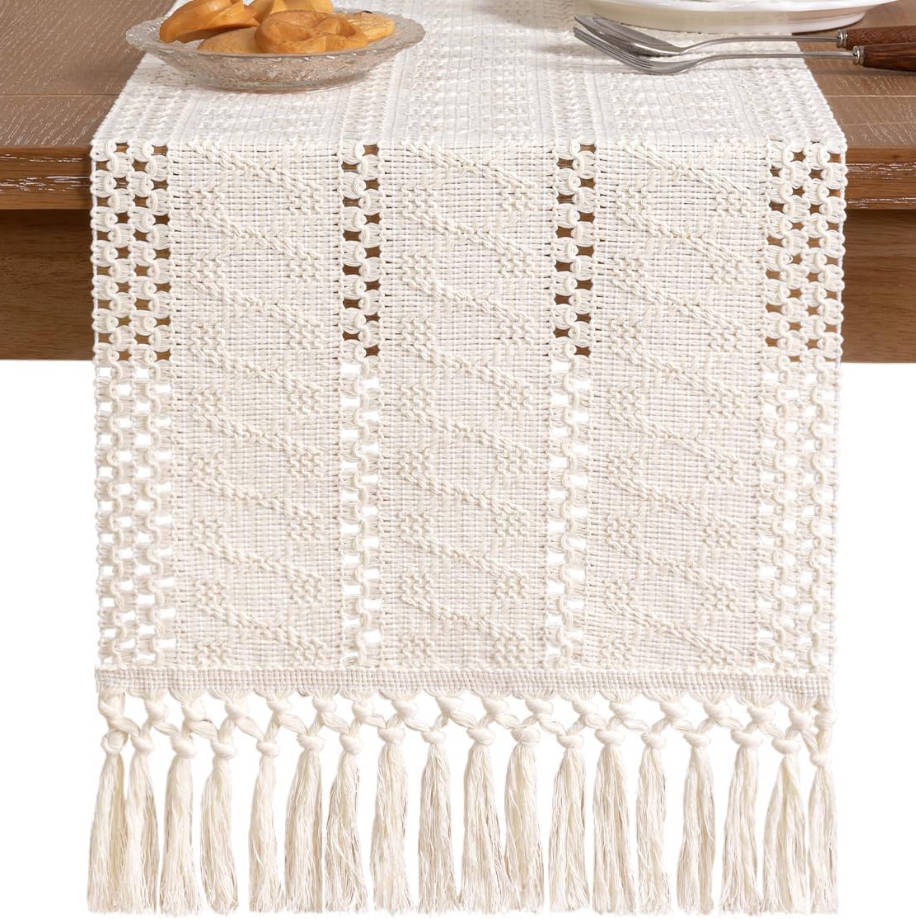 Boho Table Runner Summer Farmhouse Rustic Dining Kitchen Centerpiece Decor Small Macrame Woven Cotton Linen Coffee Table Runner for Dresser Scarf Home Decor 12x36 inch Cream Ivory