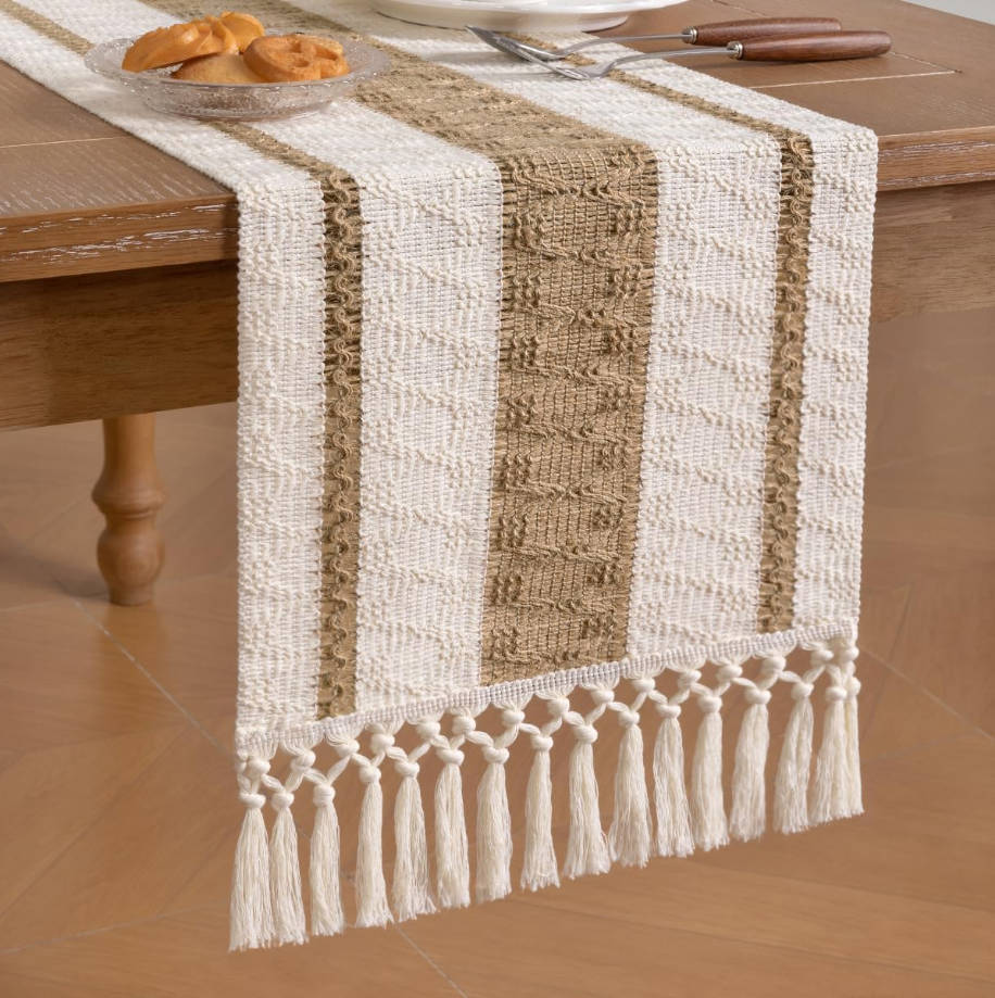 Boho Table Runner Summer Farmhouse Rustic Dining Kitchen Centerpiece Decor Small Macrame Woven Cotton Linen Coffee Table Runner for Dresser Scarf Home Decor 12x36 inch