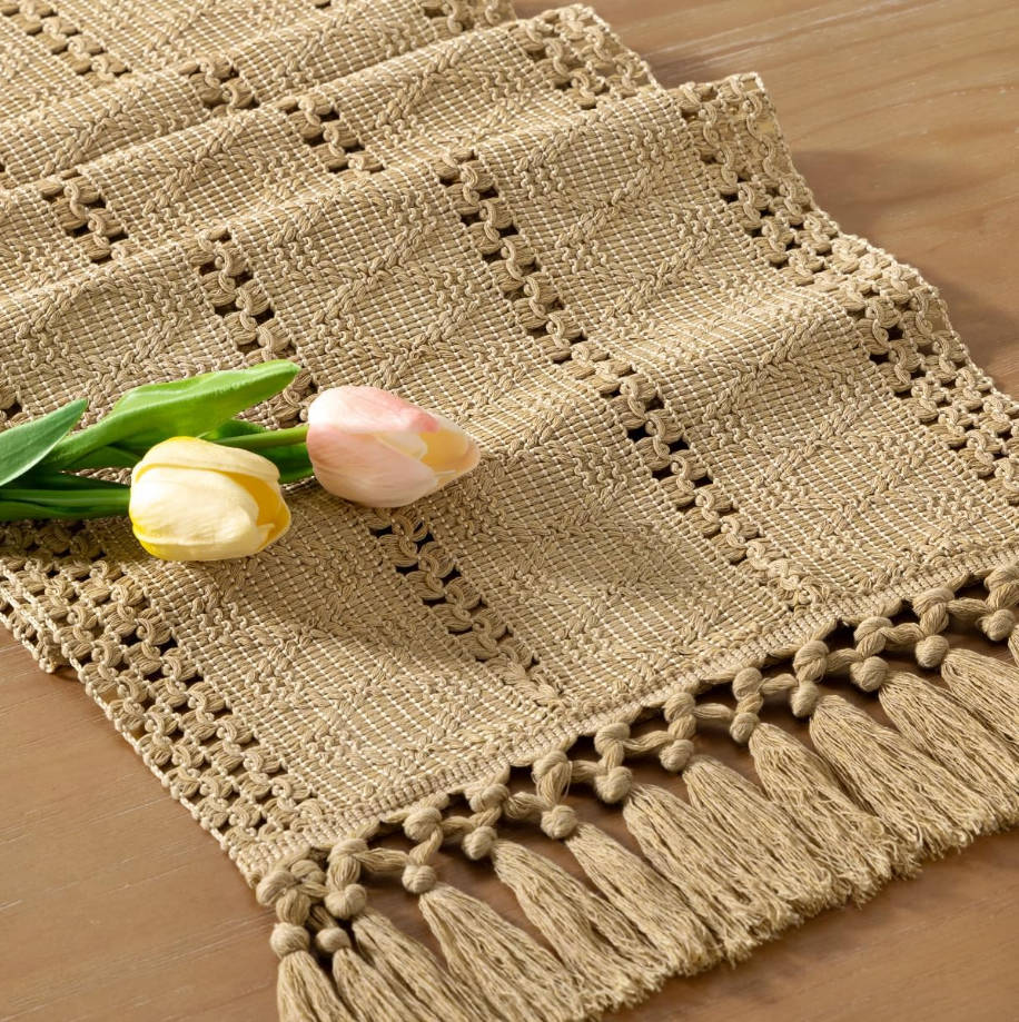 Boho Table Runner Summer Farmhouse Rustic Dining Kitchen Centerpiece Decor Small Macrame Woven Cotton Linen Coffee Table Runner for Dresser Scarf Home Decor 12x36 inch Champagne