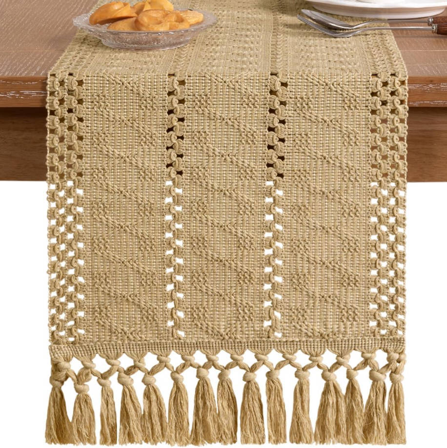 Boho Table Runner Summer Farmhouse Rustic Dining Kitchen Centerpiece Decor Small Macrame Woven Cotton Linen Coffee Table Runner for Dresser Scarf Home Decor 12x36 inch Champagne