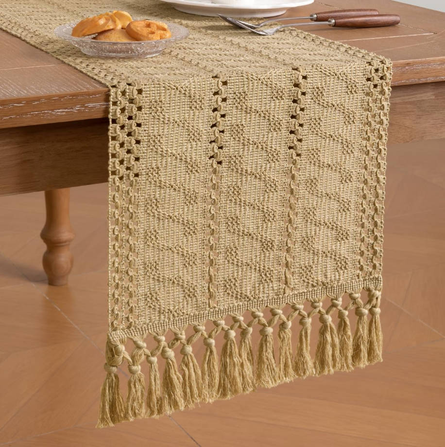 Boho Table Runner Summer Farmhouse Rustic Dining Kitchen Centerpiece Decor Small Macrame Woven Cotton Linen Coffee Table Runner for Dresser Scarf Home Decor 12x36 inch Champagne