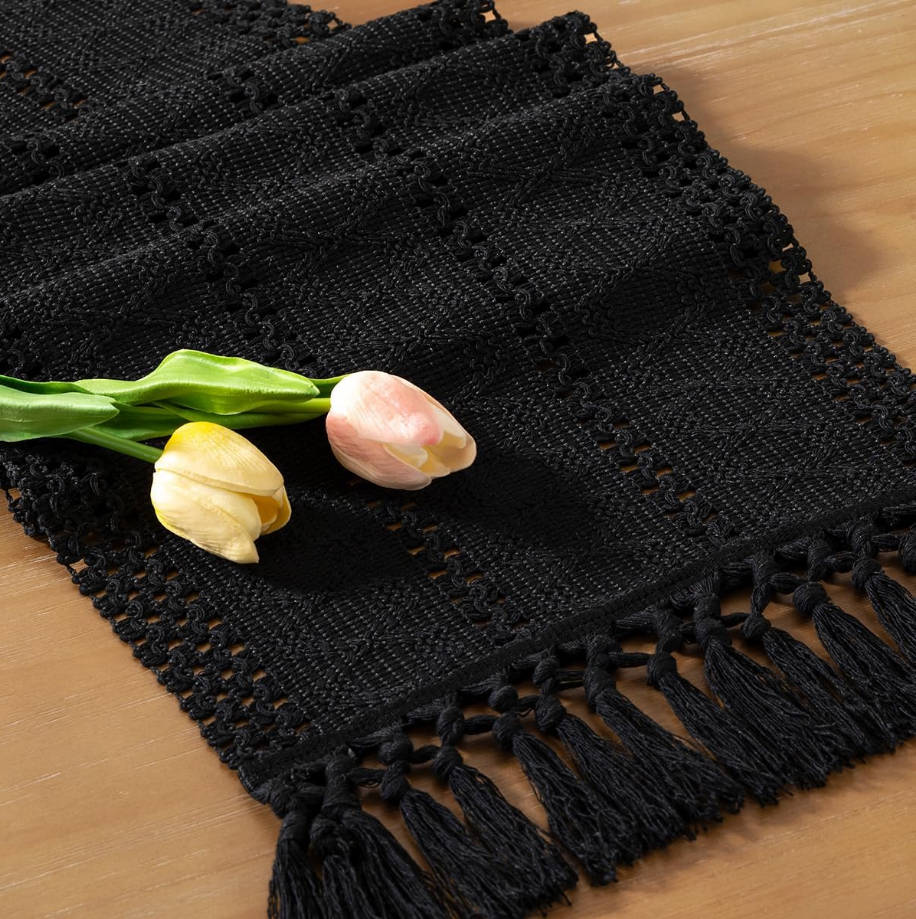 Boho Table Runner Summer Farmhouse Rustic Dining Kitchen Centerpiece Decor Small Macrame Woven Cotton Linen Coffee Table Runner for Dresser Scarf Home Decor 12x36 inch Black