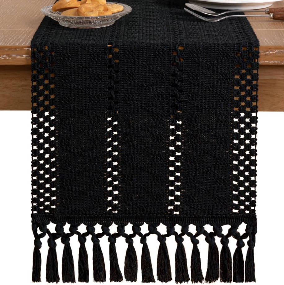 Boho Table Runner Summer Farmhouse Rustic Dining Kitchen Centerpiece Decor Small Macrame Woven Cotton Linen Coffee Table Runner for Dresser Scarf Home Decor 12x36 inch Black