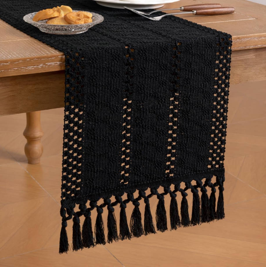 Boho Table Runner Summer Farmhouse Rustic Dining Kitchen Centerpiece Decor Small Macrame Woven Cotton Linen Coffee Table Runner for Dresser Scarf Home Decor 12x36 inch Black