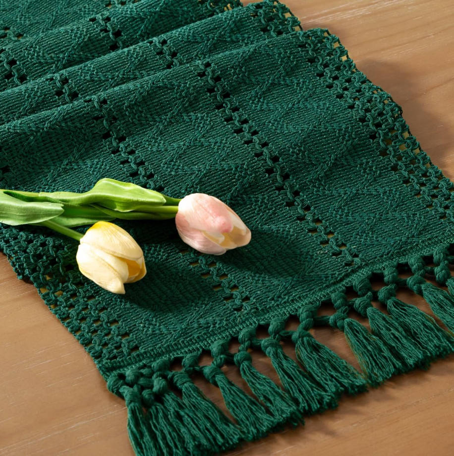 Boho Table Runner Summer Farmhouse Rustic Dining Kitchen Centerpiece Decor Small Macrame Woven Cotton Linen Coffee Table Runner for Dresser Scarf Home Decor 12x36 inch Emerald Green