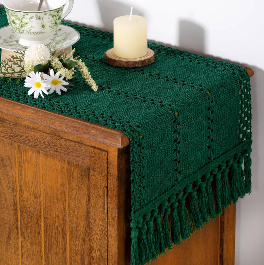 Boho Table Runner Summer Farmhouse Rustic Dining Kitchen Centerpiece Decor Small Macrame Woven Cotton Linen Coffee Table Runner for Dresser Scarf Home Decor 12x36 inch Emerald Green