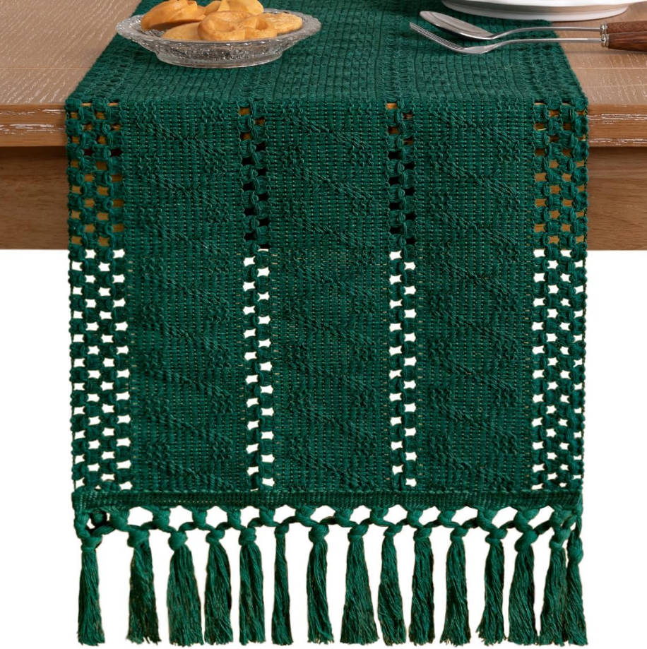 Boho Table Runner Summer Farmhouse Rustic Dining Kitchen Centerpiece Decor Small Macrame Woven Cotton Linen Coffee Table Runner for Dresser Scarf Home Decor 12x36 inch Emerald Green