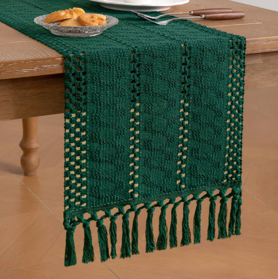 Boho Table Runner Summer Farmhouse Rustic Dining Kitchen Centerpiece Decor Small Macrame Woven Cotton Linen Coffee Table Runner for Dresser Scarf Home Decor 12x36 inch Emerald Green