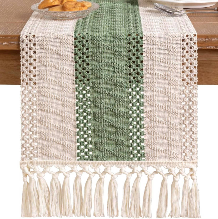 Sage Green Boho Table Runner Summer Farmhouse Rustic Dining Kitchen Centerpiece Decor Small Macrame Woven Cotton Linen Coffee Table Runner for Dresser Scarf Home Decor 12x72 inch