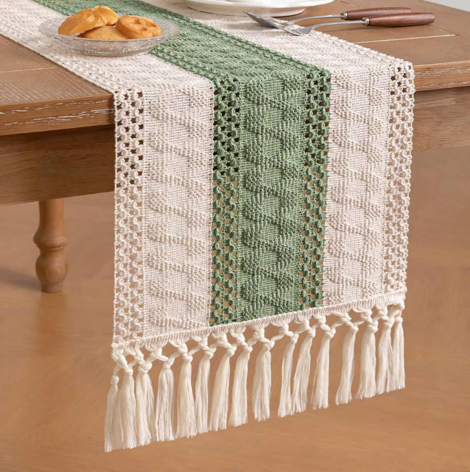 Sage Green Boho Table Runner Summer Farmhouse Rustic Dining Kitchen Centerpiece Decor Small Macrame Woven Cotton Linen Coffee Table Runner for Dresser Scarf Home Decor 12x72 inch