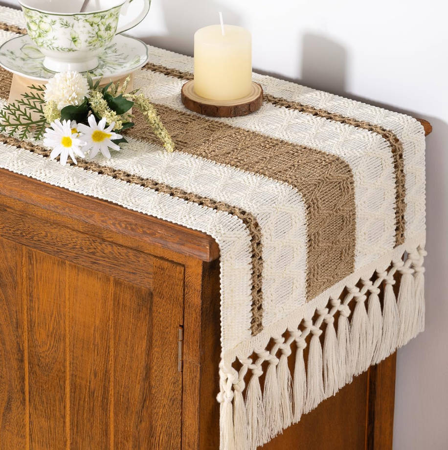 Boho Table Runner Summer Farmhouse Rustic Dining Kitchen Centerpiece Decor Small Macrame Woven Cotton Linen Coffee Table Runner for Dresser Scarf Home Decor 12x48 inch