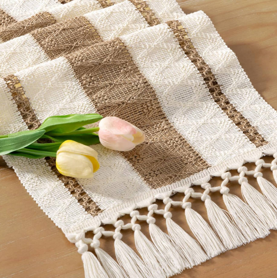 Boho Table Runner Summer Farmhouse Rustic Dining Kitchen Centerpiece Decor Small Macrame Woven Cotton Linen Coffee Table Runner for Dresser Scarf Home Decor 12x48 inch