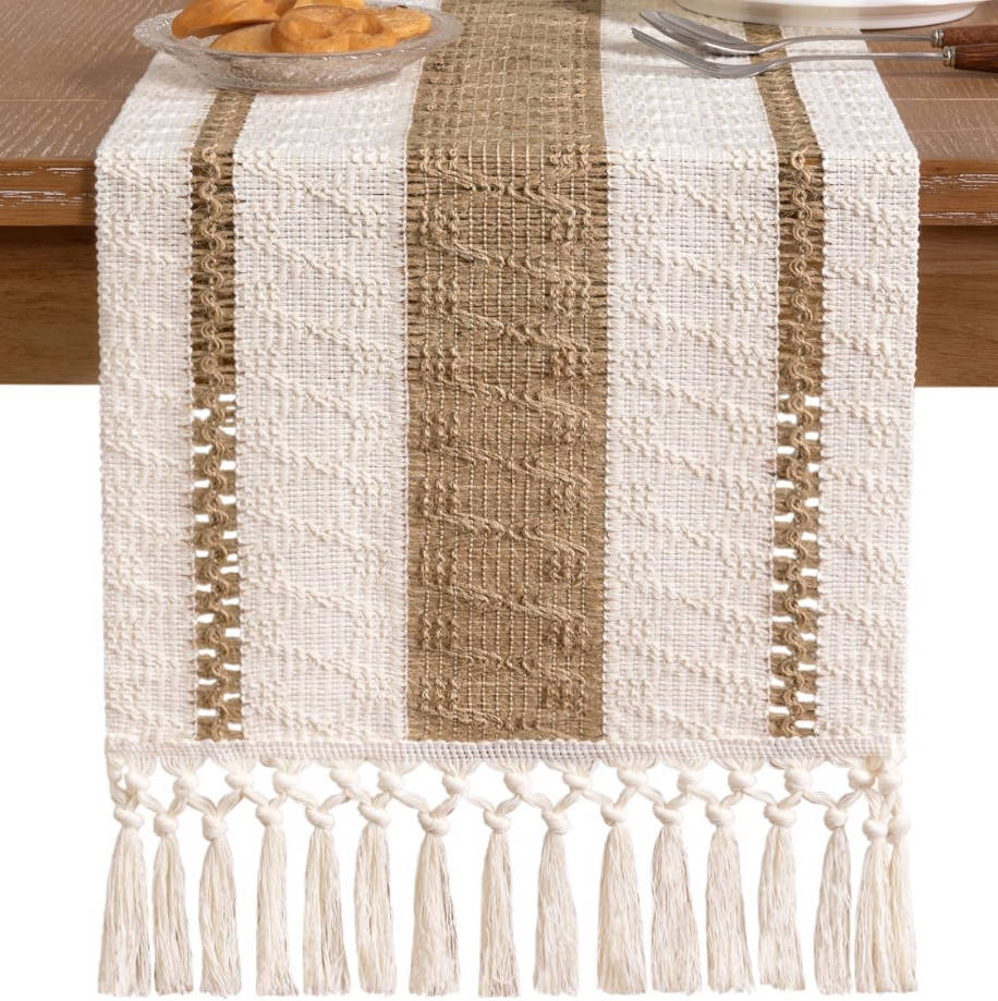 Boho Table Runner Summer Farmhouse Rustic Dining Kitchen Centerpiece Decor Small Macrame Woven Cotton Linen Coffee Table Runner for Dresser Scarf Home Decor 12x48 inch