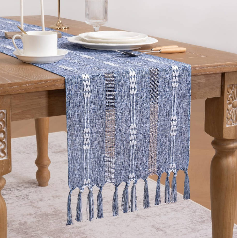 Farmhouse Table Runner 48 Inches, Macrame Woven Cotton Table Runner with Tassels, Rustic Boho Decor for Dining or Living Room, 13x48 Inches, Dusty Blue