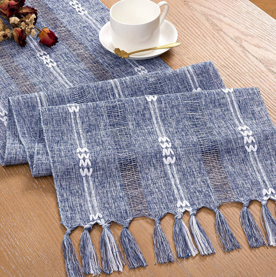 Farmhouse Table Runner 48 Inches, Macrame Woven Cotton Table Runner with Tassels, Rustic Boho Decor for Dining or Living Room, 13x48 Inches, Dusty Blue