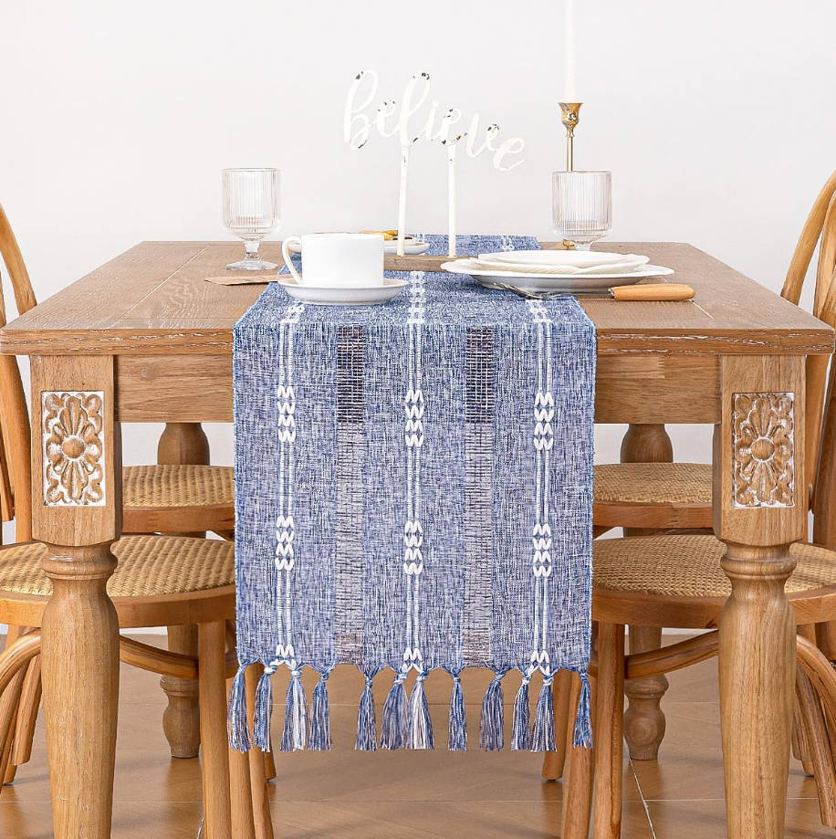 Farmhouse Table Runner 48 Inches, Macrame Woven Cotton Table Runner with Tassels, Rustic Boho Decor for Dining or Living Room, 13x48 Inches, Dusty Blue