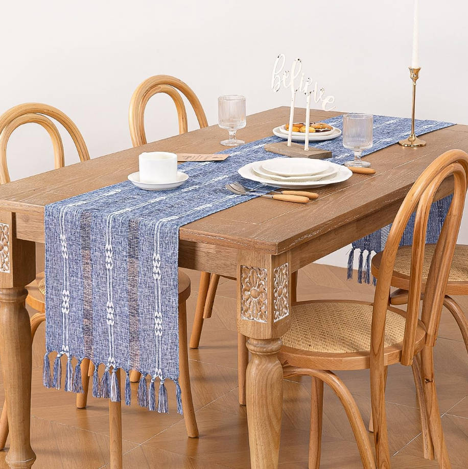 Farmhouse Table Runner 48 Inches, Macrame Woven Cotton Table Runner with Tassels, Rustic Boho Decor for Dining or Living Room, 13x48 Inches, Dusty Blue